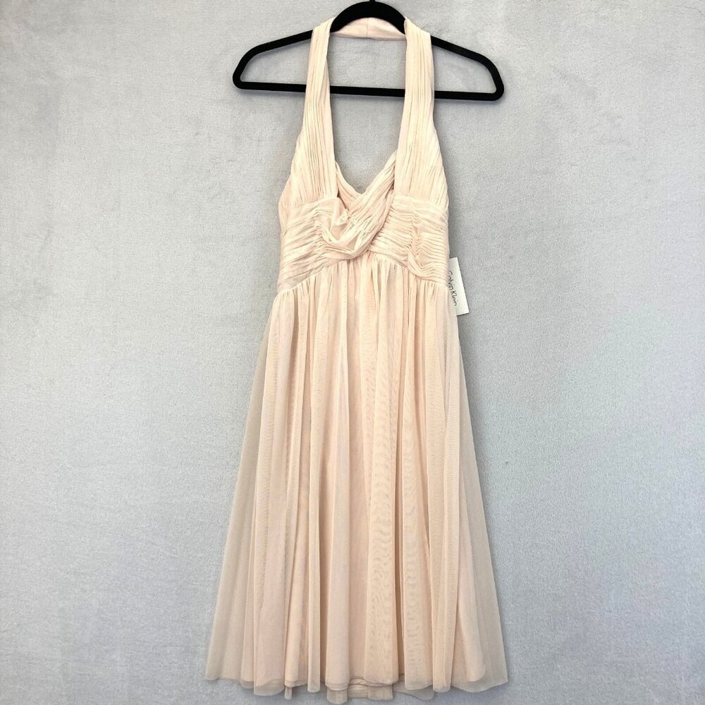 NWT Calvin Klein Chiffon Halter Dress Gown Sz 6 Pink Cocktail Knee Fairy Formal